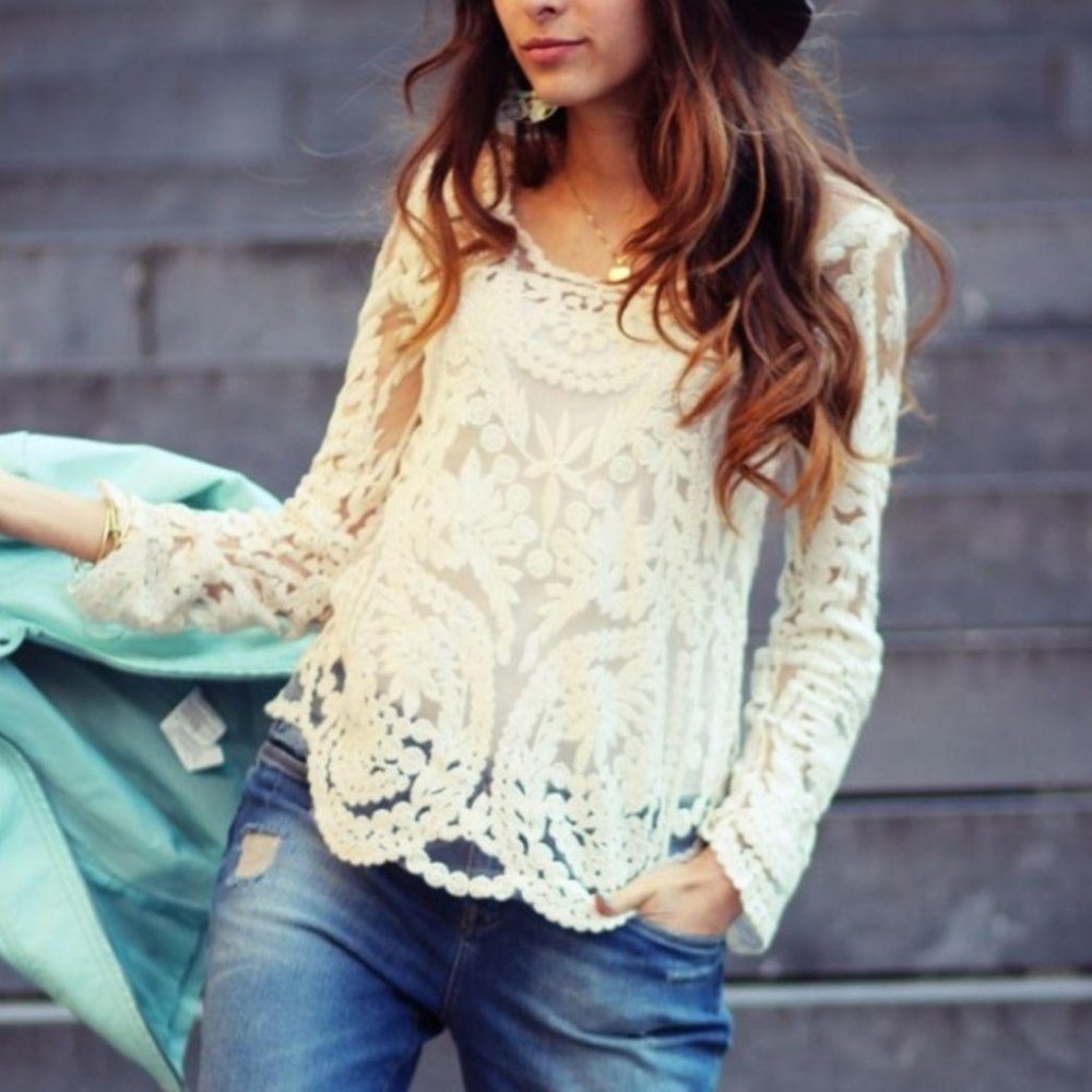 My Emblem crochet lace embroidered blouse